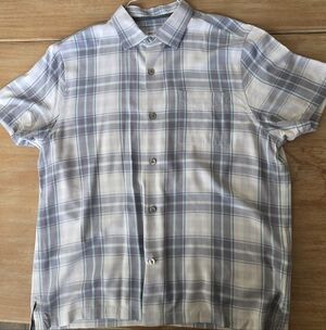 Tommy Bahama 100% Silk Plaid Button-Up Shirt Men’s XL Gray Mint Short Sleeve
